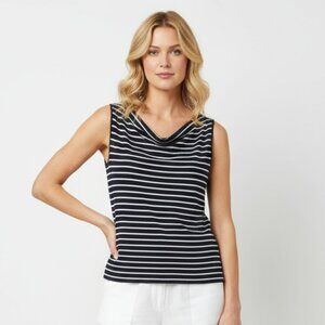 Laundry Silk Blend  Blue & White Striped Embellished Trim Sleeveless Tank Top L